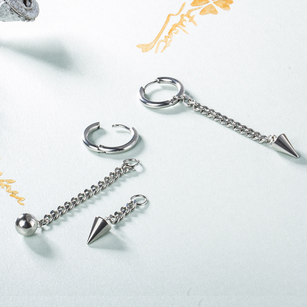 Đôi bông tai nam nữ bất đối xứng xích thả chóp thả bi cool ngầu