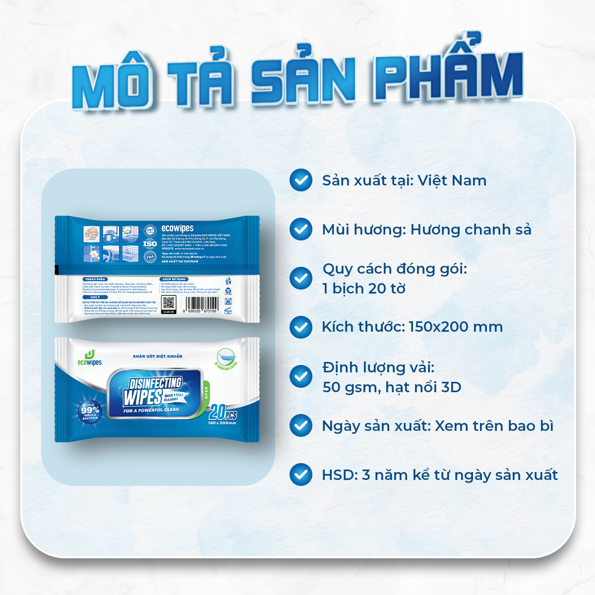 Khăn ướt diệt khuẩn Disinfecting Wipes diệt 99,9% vi khuẩn hương chanh dịu nhẹ không kích ứng da