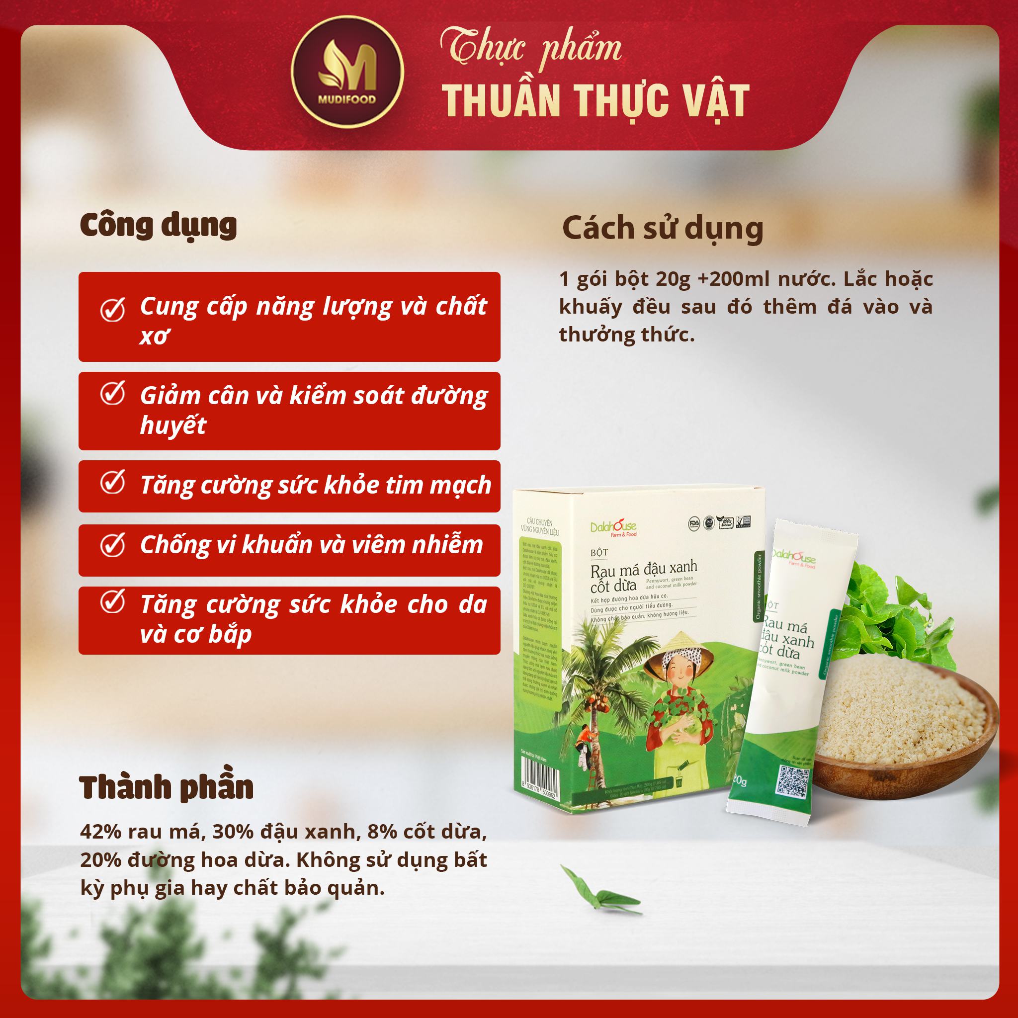 Bột Rau Má Đậu Xanh Cốt Dừa Dalahouse 200g, Thức Uống Mát Lành, Thanh Nhiệt Cơ Thể, Tốt Cho Người Tiểu Đường 