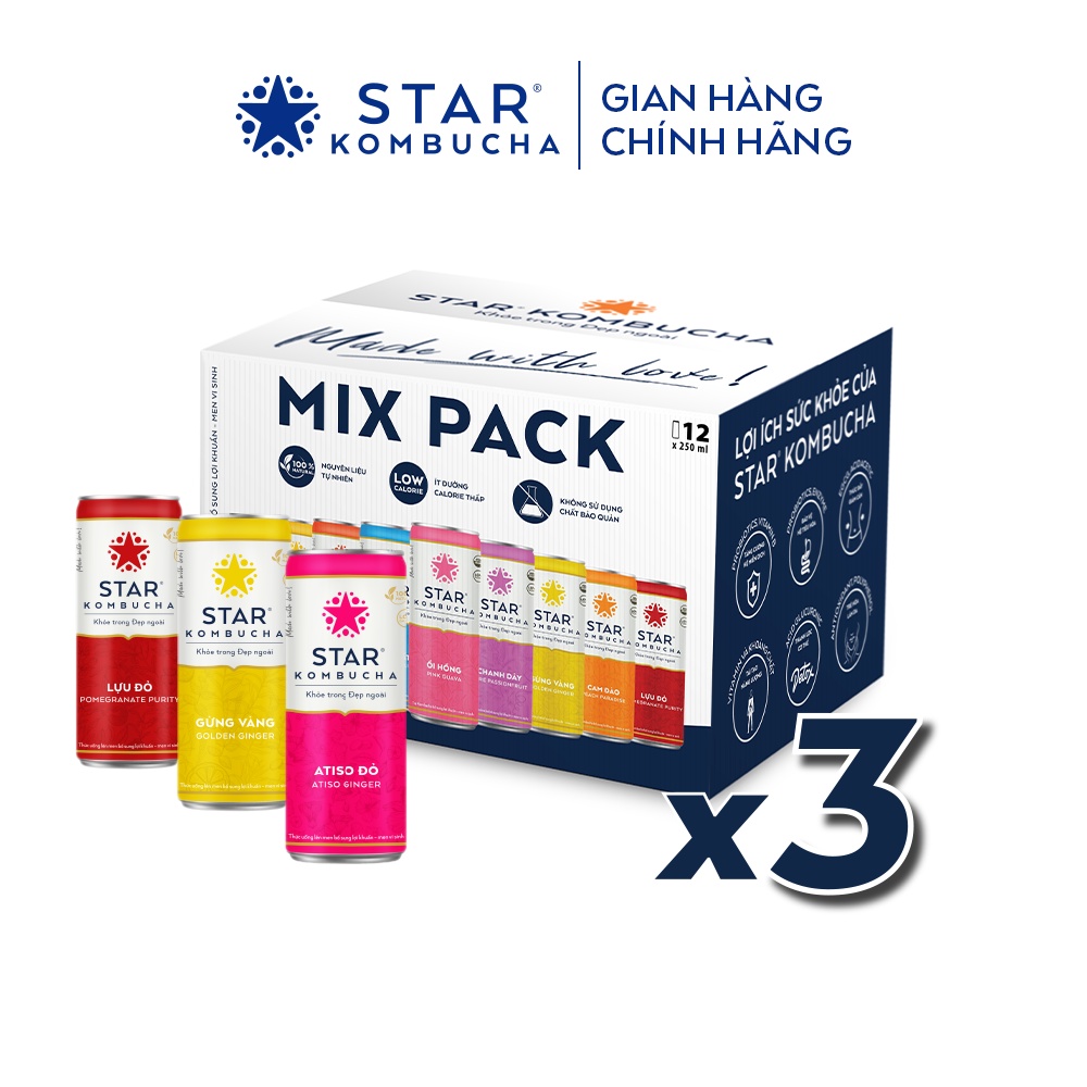 Combo 3 thùng trà lên men Star Kombucha mix 12 vị