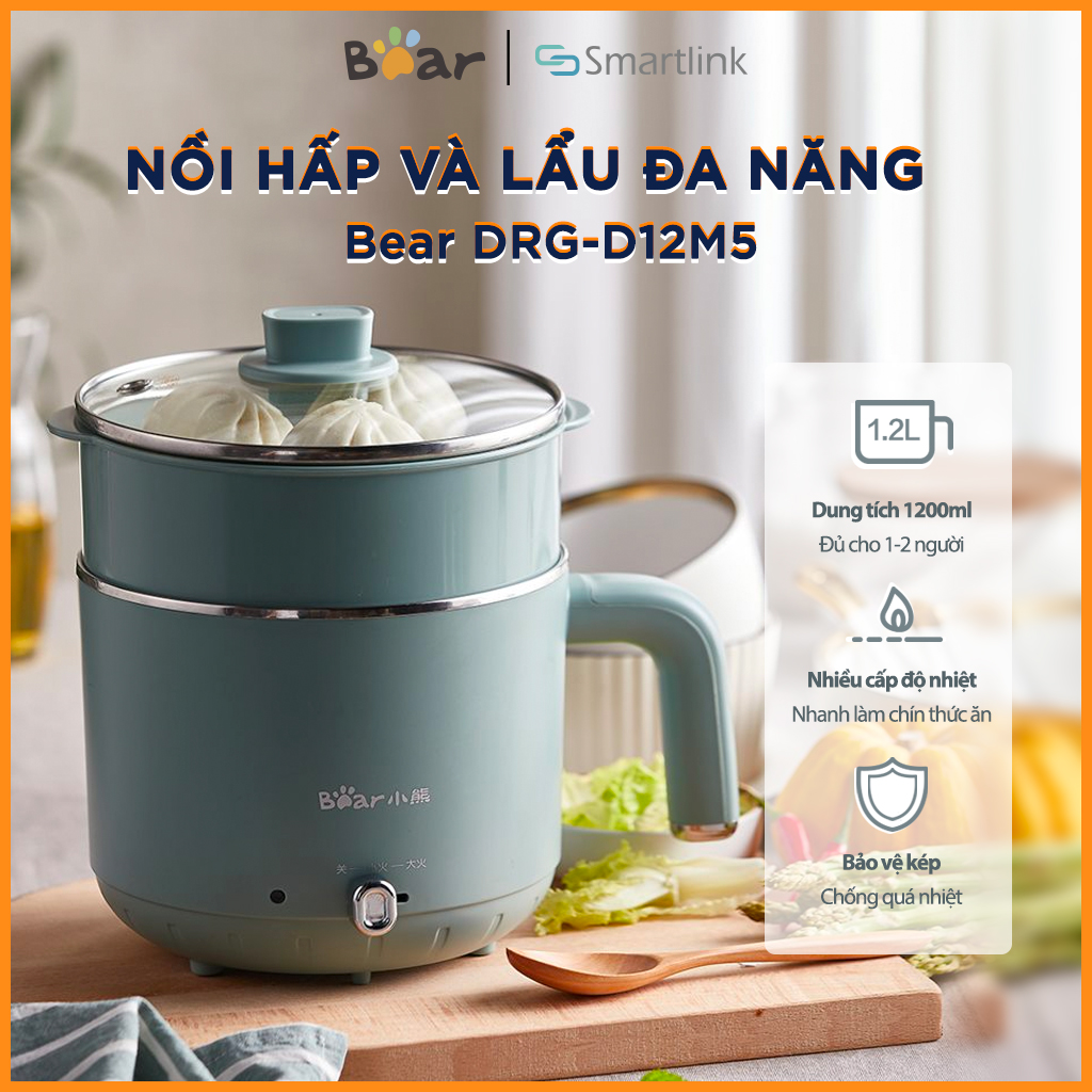 Nồi Nấu Điện Đa Năng Bear DRG-D12M5 1.2L,Nấu Hấp cùng lúc - Hàng chính hãng