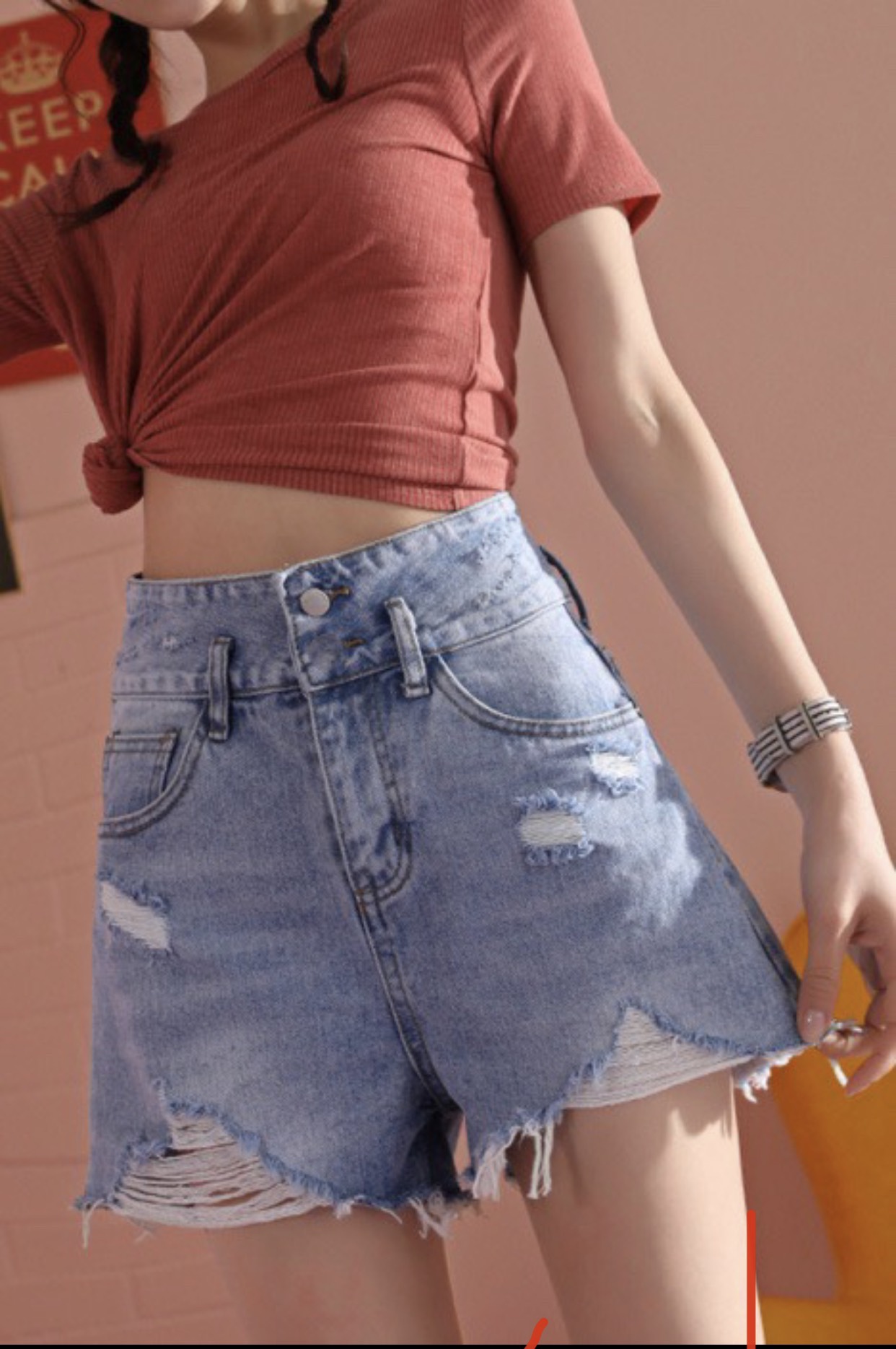 Quần short jean nữ Big Size lưng cao trên rốn, co dãn mạnh, rách nhẹ, phom rộng rãi dành cho người béo 60kg~90kg 3451