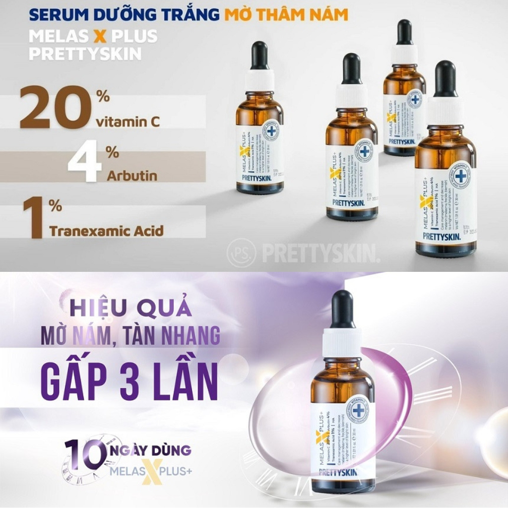 Serum PrettySkin Melas X Plus + Tinh chất dưỡng trắng da mờ thâm hỗ trợ nám dung tích 30ml