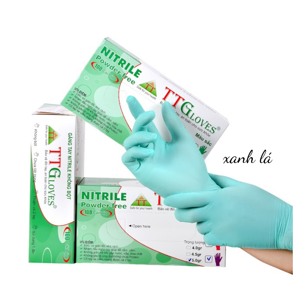 Găng Tay Y Tế Không Bột Nitrile TTGLOVES Màu Xanh Lá 5.0g 100 Chiếc / hộp (Size S)