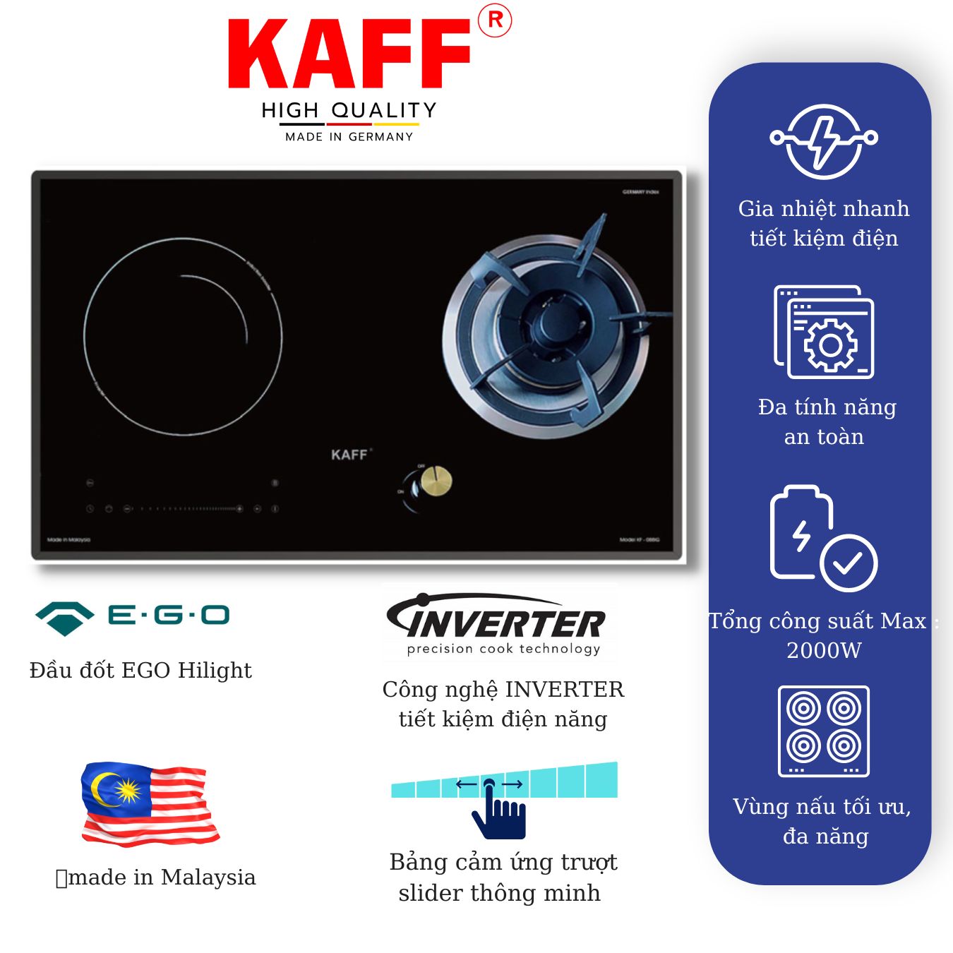 Bếp âm từ kết hợp ga nhập khẩu Malaysia KAFF KF-088IG - Hàng chính hãng