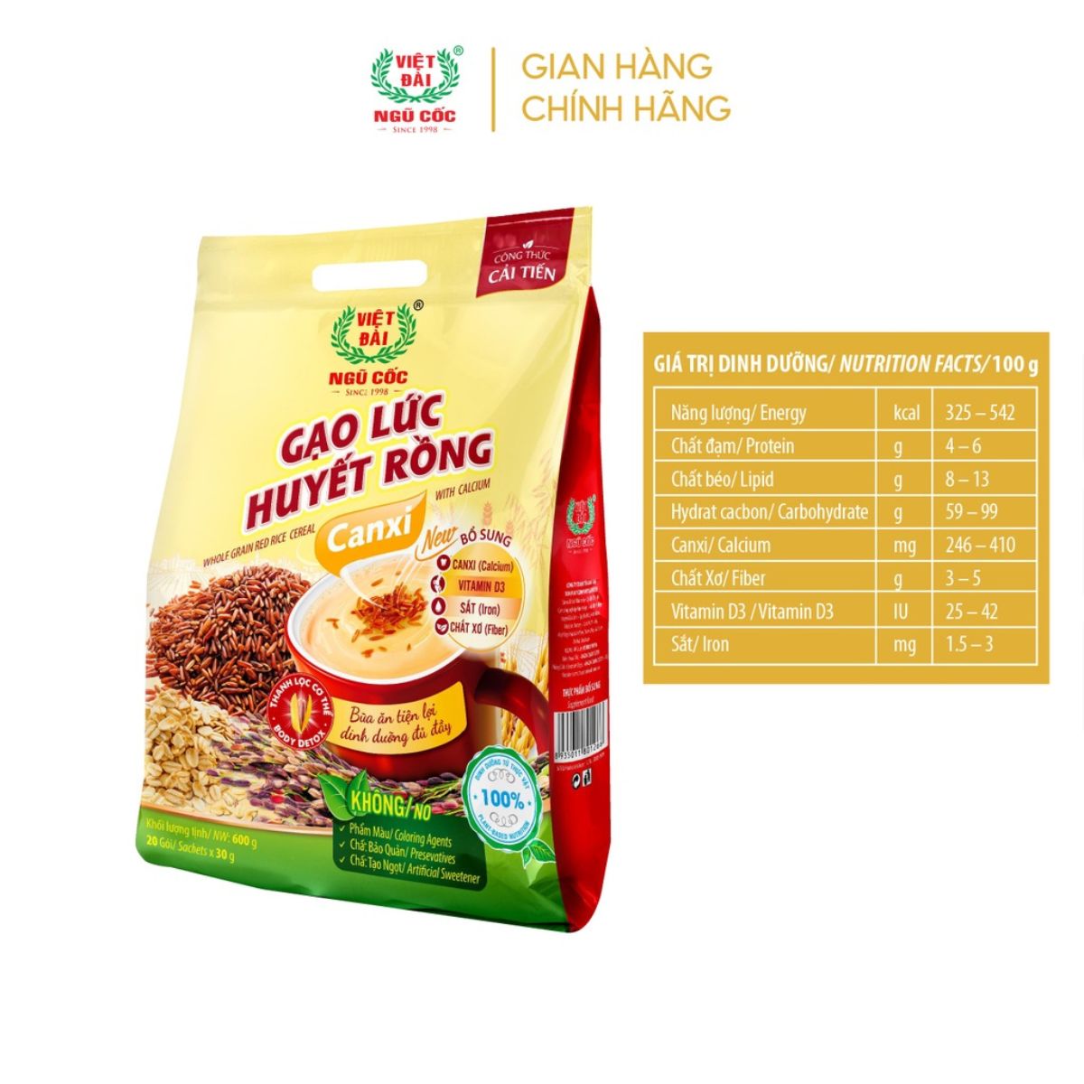 Bột Ngũ Cốc Gạo Lứt Canxi VIỆT ĐÀI Thơm Ngon Bổ Sung Canxi Giúp Xương Chắc Khỏe Túi 600gam