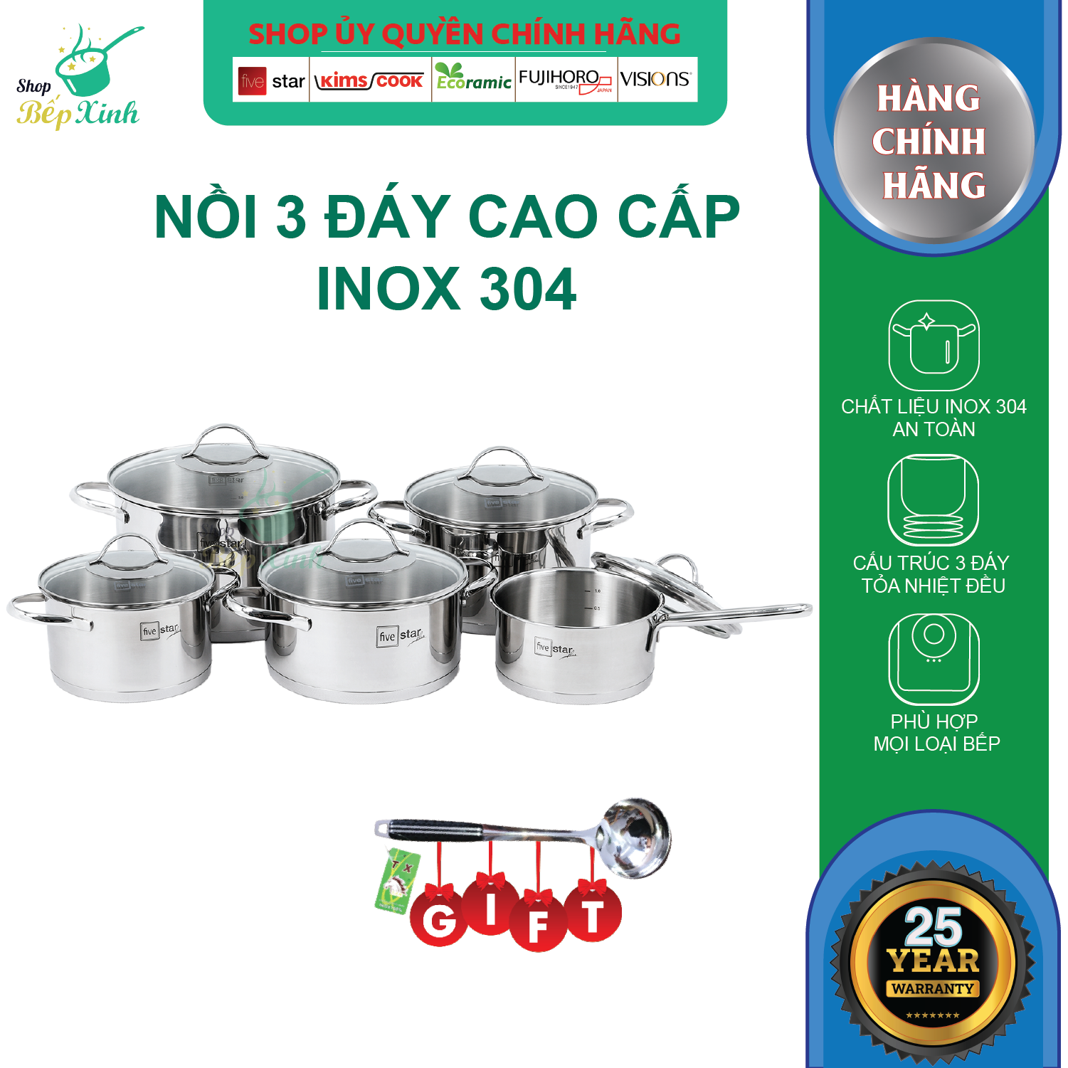 Bộ 5 Nồi 3 Đáy Inox 304 Kiểu Sillic Fivestar Tặng 1 vá canh