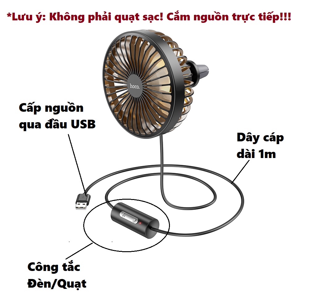 Quạt điện mini dây nguồn Usb có đèn dùng kẹp cửa gió ô tô hozo ZP2 _ Hàng chính hãng