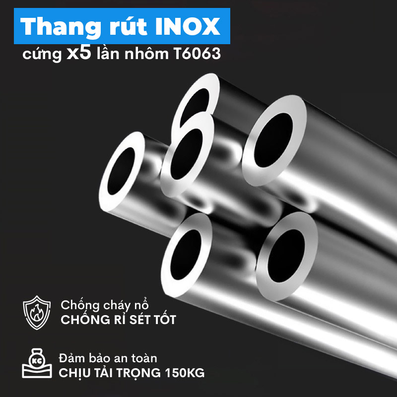 Thang nhôm INOX rút đơn xếp gọn 2,6m - 5.9m gấp gọn Nhập Khẩu NIKITA - chịu lực tới 150kg