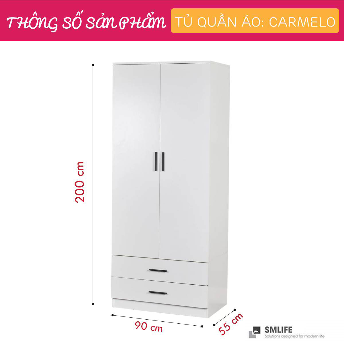 Tủ quần áo gỗ hiện đại SMLIFE Carmelo | Gỗ MDF dày 17mm chống ẩm | D80xR50xC180cm