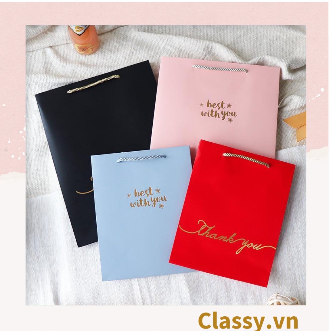 Túi giấy đựng quà tặng size lớn 25*12*33cm đơn sắc In chữ Thank you / Best with you sang trọng