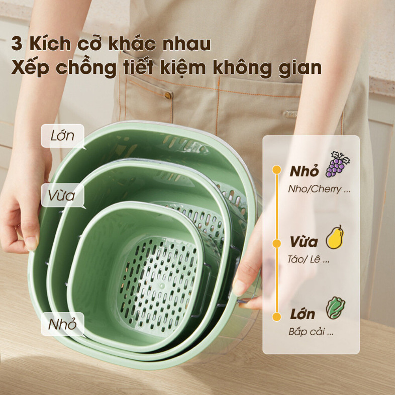 Bộ rổ nhựa kèm chậu gồm 6 món cao cấp (3 chậu - 3 rổ)