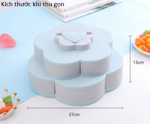 KHAY ĐỰNG MỨT TẾT, Hộp mứt xoay 2 tầng  xèo hình cánh hoa xinh xắn có rãnh đựng điện thoại tiện lợi