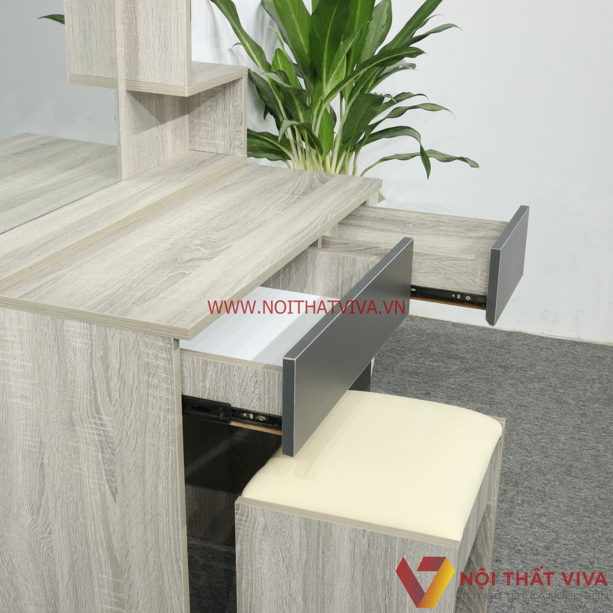 Bàn Trang Điểm Gỗ MDF Melamine 2 Ngăn Kéo Màu Xám Vân Gỗ Cửa Đen Mờ Đẹp