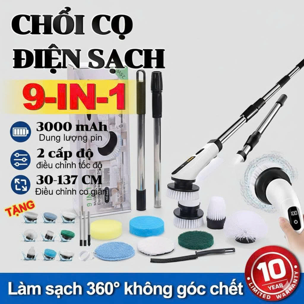 Chổi Điện MX 9in1 Cao Cấp – Rửa Xe Ô Tô, Cọ Nhà Vệ Sinh, Lau Kính Siêu Sạch, Siêu Bền