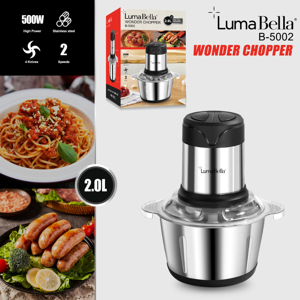 Máy xay thịt đa năng cối INOX304 Lumabella B-5002 công suất cao 500W, dung tích 2L, 4 lưỡi đa năng xay nhuyễn thịt cá nhanh chóng - DELIYA - HÀNG CHÍNH HÃNG