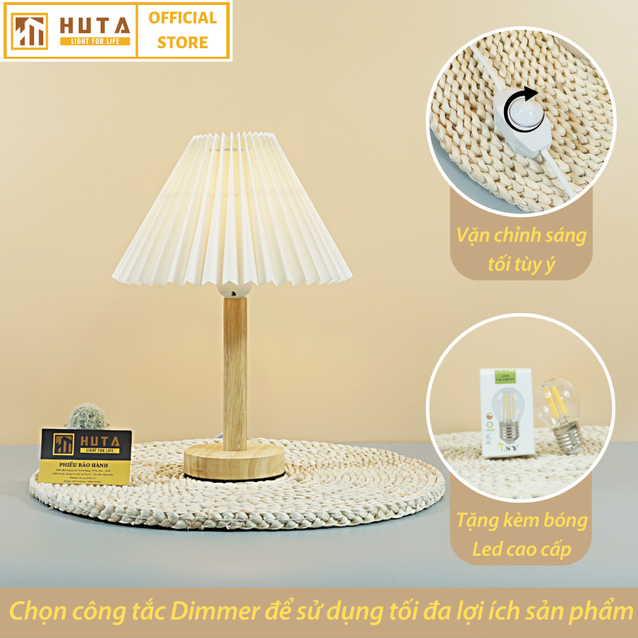 Đèn Ngủ Để Bàn HUTA G5 Gỗ Chao Xếp Ly Vintage Dễ Thương, Decor Trang Trí Phòng Ngủ, Đọc Sách Đầu Giường, Điều Chỉnh Độ Sáng, Đèn Vàng Bóng LED Tiết Kiệm Điện