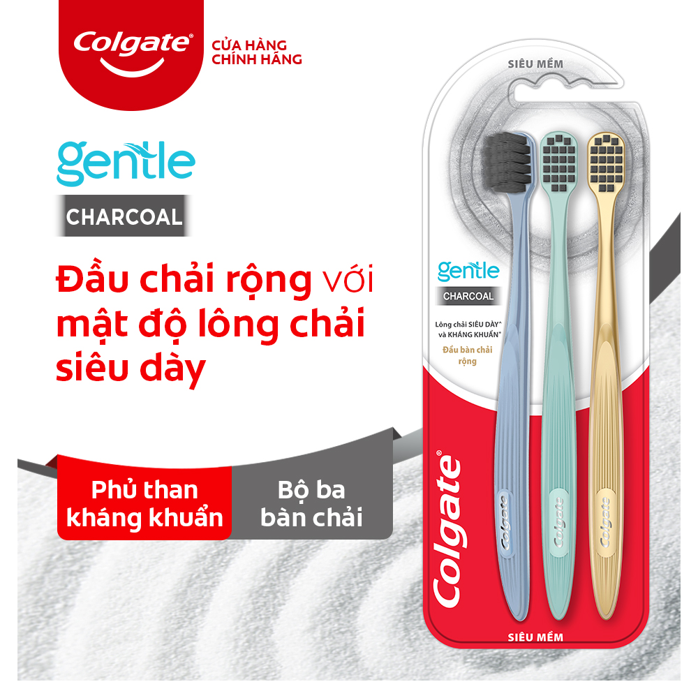 Bộ 3 bàn chải Colgate Gentle Comfort Charcoal đầu chải rộng, than hoạt tính kháng khuẩn