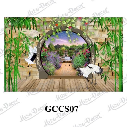 Tranh dán tường 3D cửa sổ giả cổ in decal PP