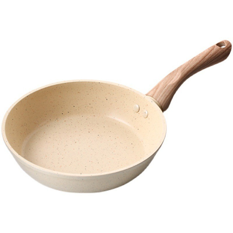 Chảo Chống Dính Bếp Từ Vân Đá Kiểu Nhật Không Nắp Size 20cm/22cm/24cm/26cm/30cm Cán Gỗ, Chảo Đáy Từ Ceramic Màu Trắng Kem Sang Trọng, Cao Cấp Dùng Cho Mọi Loại Bếp