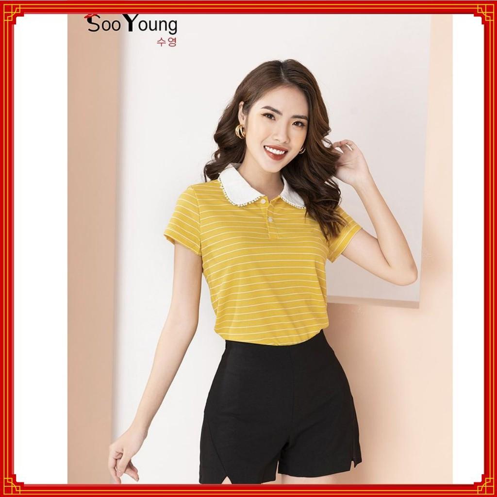 Áo thun kẻ Polo cổ sen phối tay ngắn-Sooyoung