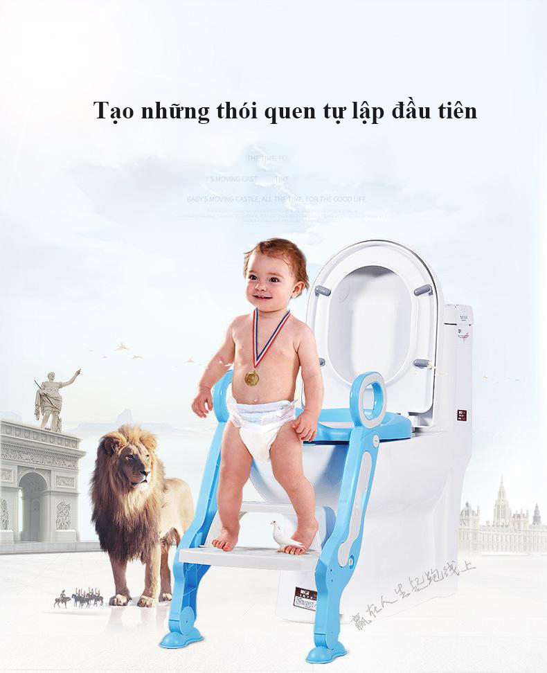 Cầu thang nhà vệ sinh, cầu thang toilet, thang bồn cầu, Ghế ngồi bồn cầu có thang vịn cho bé, có đệm