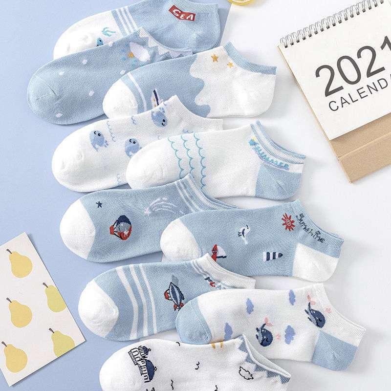 Tất nữ cổ ngắn cotton trắng xanh phong cách Hàn Quốc - Tất cute Havana FPT09