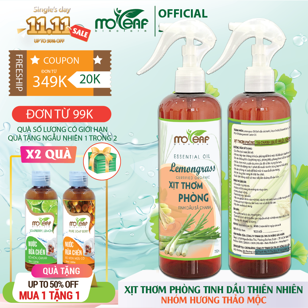 Xịt Thơm Phòng Moleaf Tinh Dầu Sả Chanh Thơm Mát Lọc Không Khí Đuổi Muỗi & Côn trùng 250ml