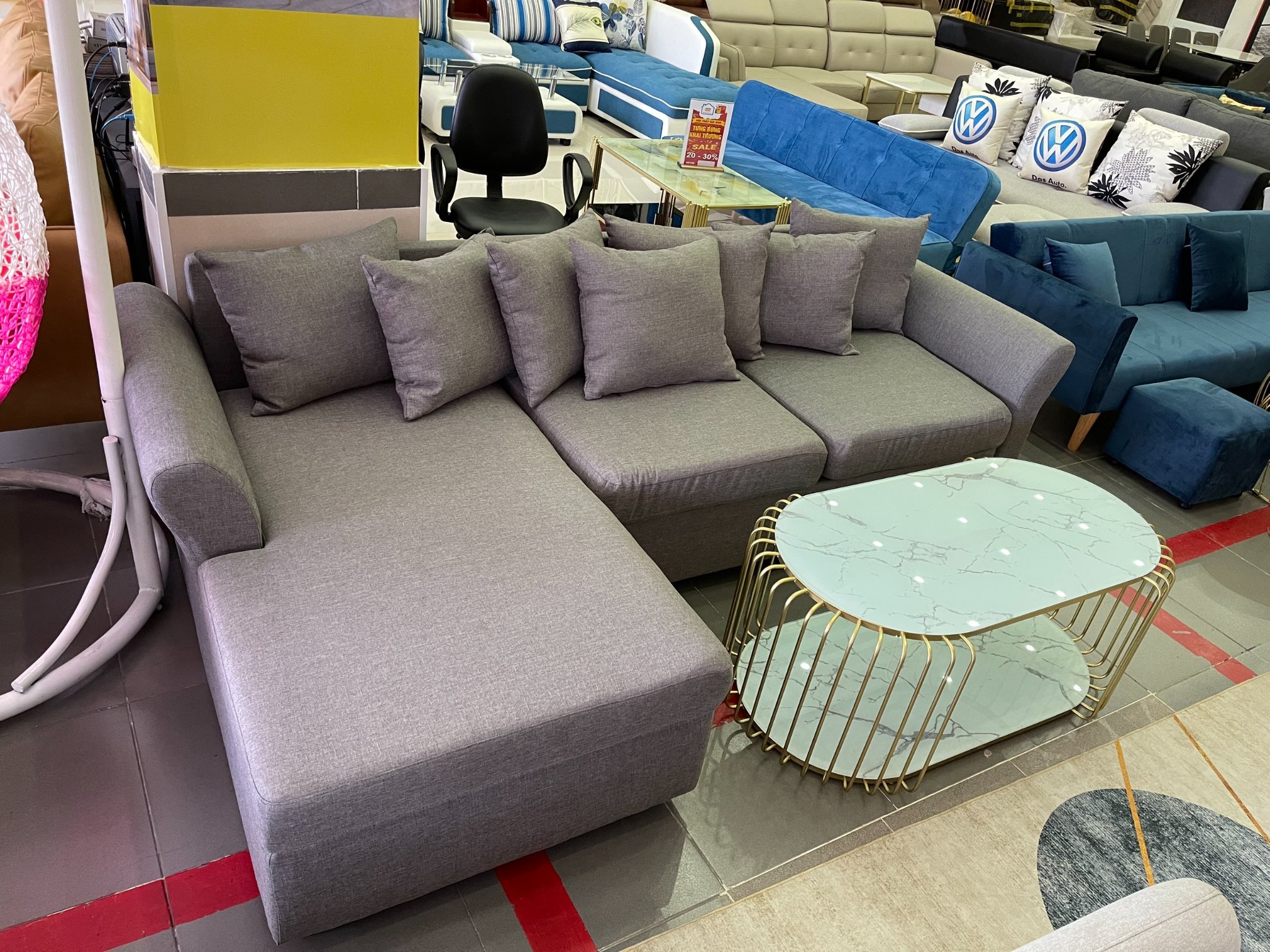 Sofa chữ l bọc vải bố màu ghi, ghi đậm