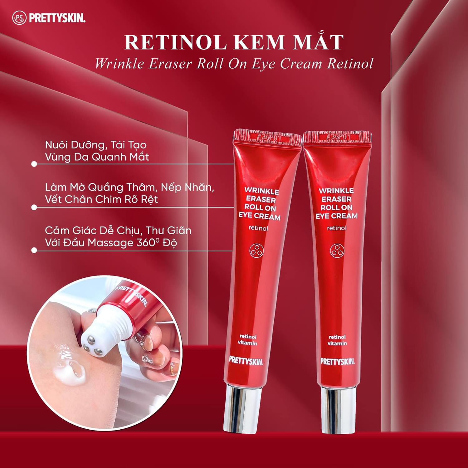 Kem dưỡng mắt giảm mờ thâm quầng mắt Retinol Pretty Skin, cải thiện nếp nhăn Prettyskin Wrinkle eraser roll on eye cream