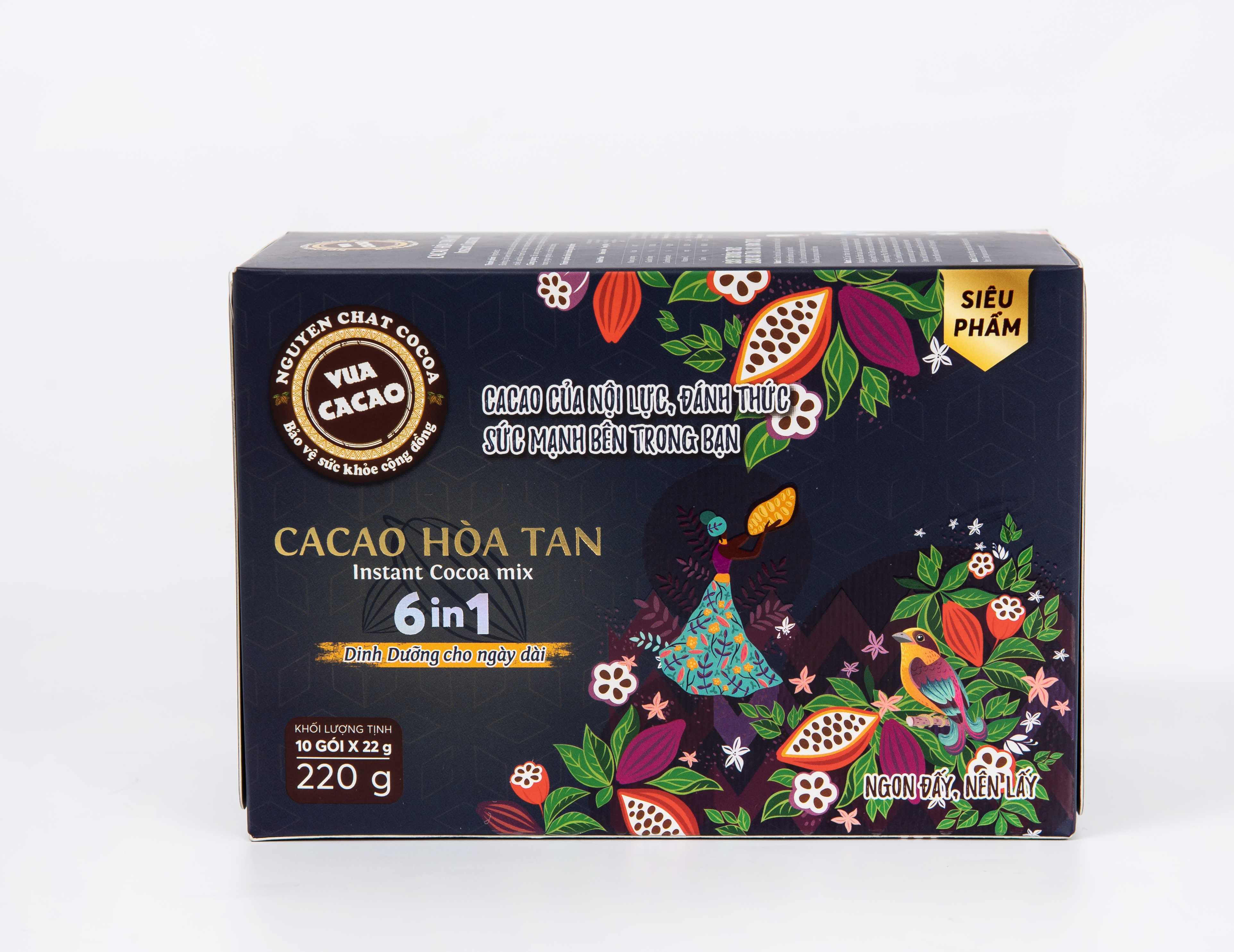 Bột cacao hòa tan 6 in 1, VUA CACAO hảo hạng tăng cường năng lượng, cung cấp dinh dưỡng cho ngày dài - Hộp 10 gói x 220g