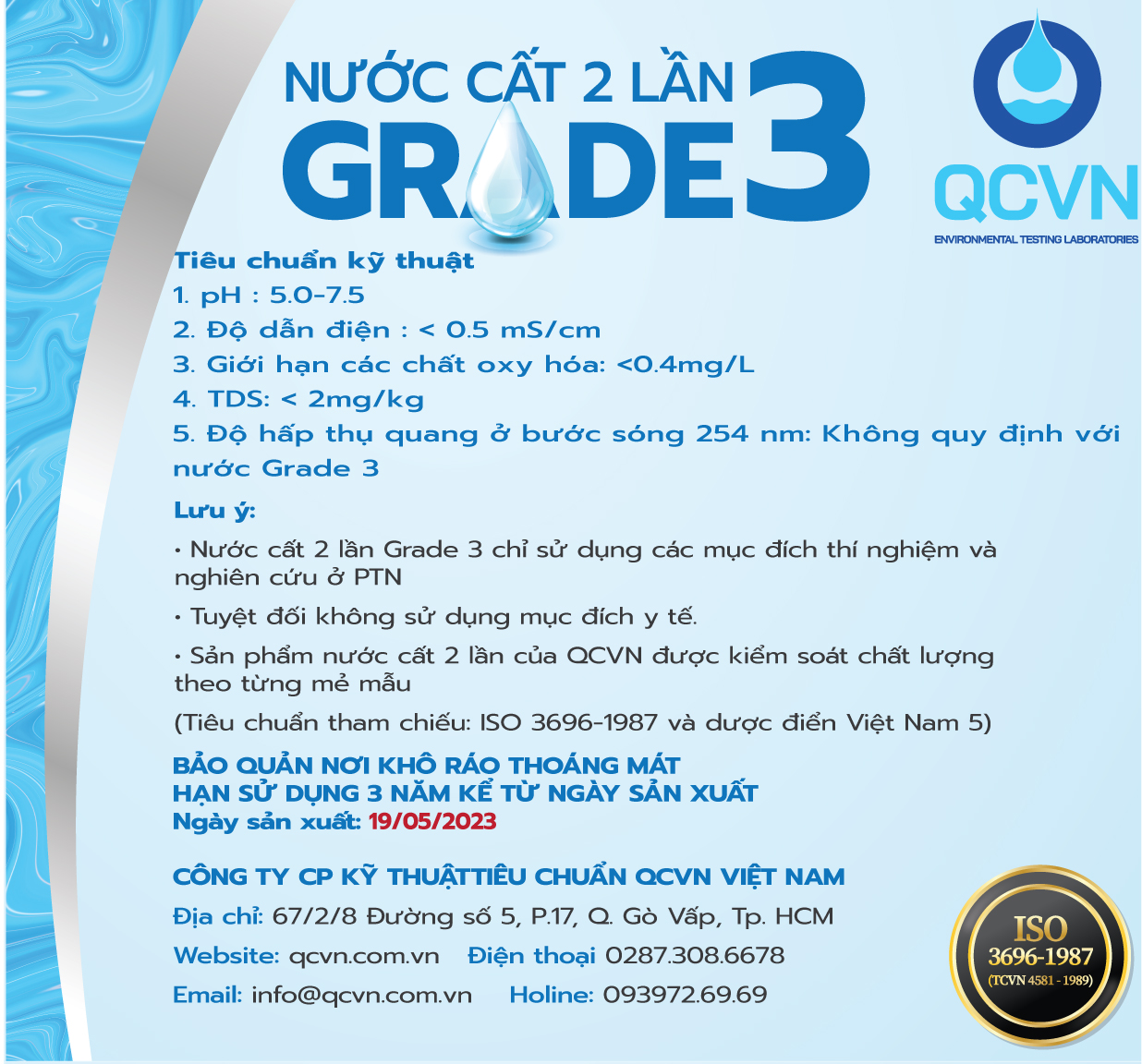 Can 20L Nước cất 2 lần vô khuẩn - Nước cất tinh khiết đạt chất lượng đạt tiêu chuẩn ISO 3696-1989