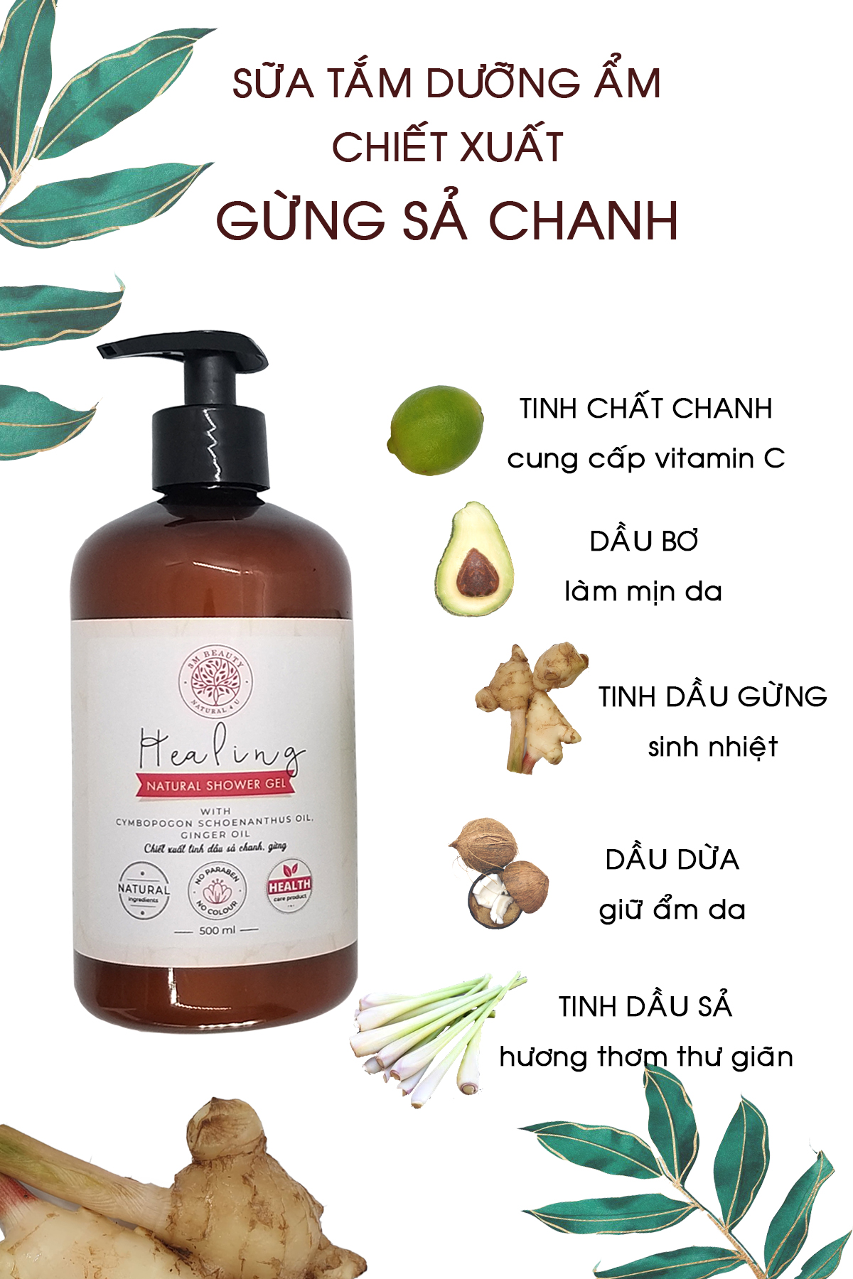 Sữa tắm dưỡng ẩm chiết xuất gừng sả chanh 500ml