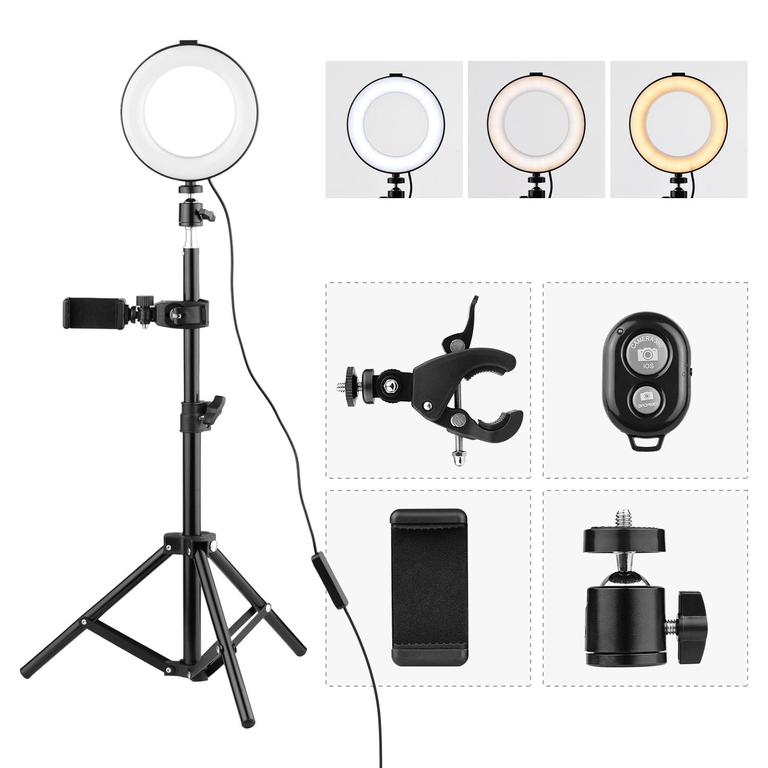 Đèn LED vòng 6 inch chụp ảnh USB 3 chế độ chiếu sáng Có thể điều chỉnh độ sáng với giá đỡ điện thoại + Ballhead