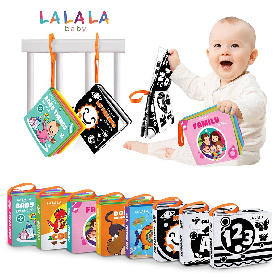 Sách vải kích thích thị giác cho bé sơ sinh 0 đến 12 tháng - Hiệu Lalala Baby - 8 trang kích thước 12x11 cm