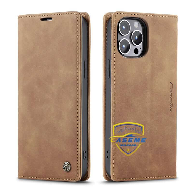 Bao da bò thật dạng ví dành cho iPhone 14 Pro Max Caseme – Hàng Nhập Khẩu – Nâu Da Bò