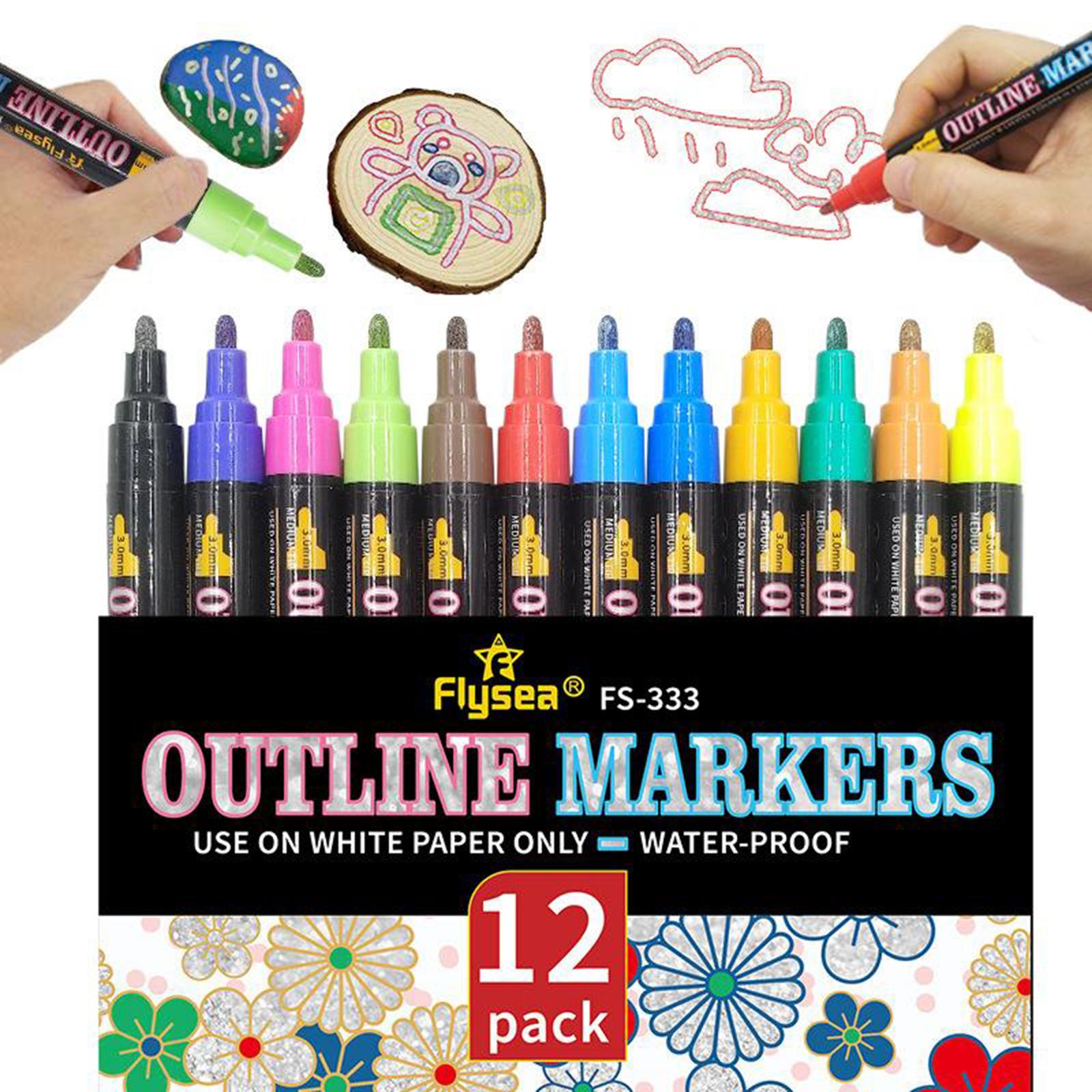 Double Line Outline Pens,12 Colours Outline Pens Fluorescent Glitter Two-Line Pen Permanent Marker Waterproof Pen for Card Making