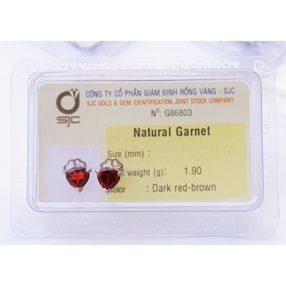 Bông tai đá Garnet thiên nhiên đỏ tự nhiên 5mm chuôi bạc trái tim kiểm định
