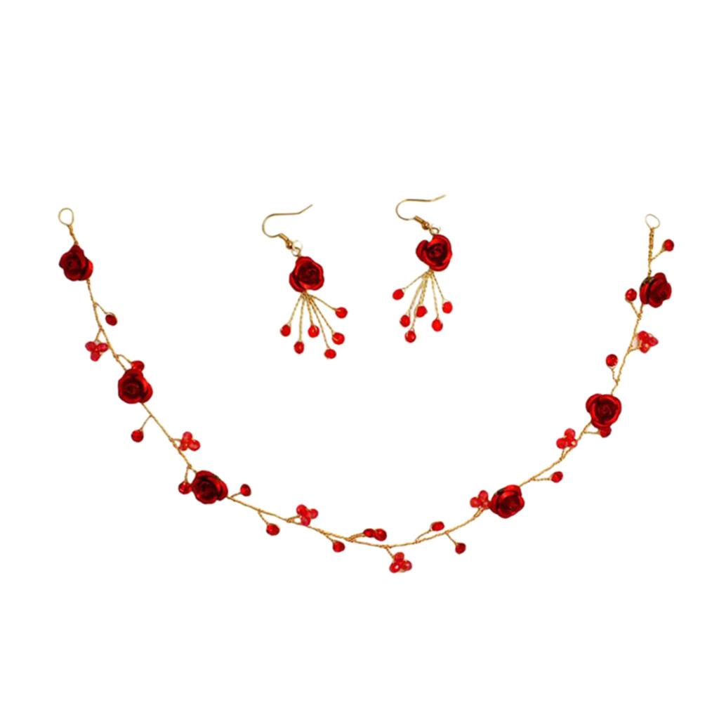 Bridal Crown Headband Tiara Fashion Red Rose Earrings Set Headpiece Jewelry Set
