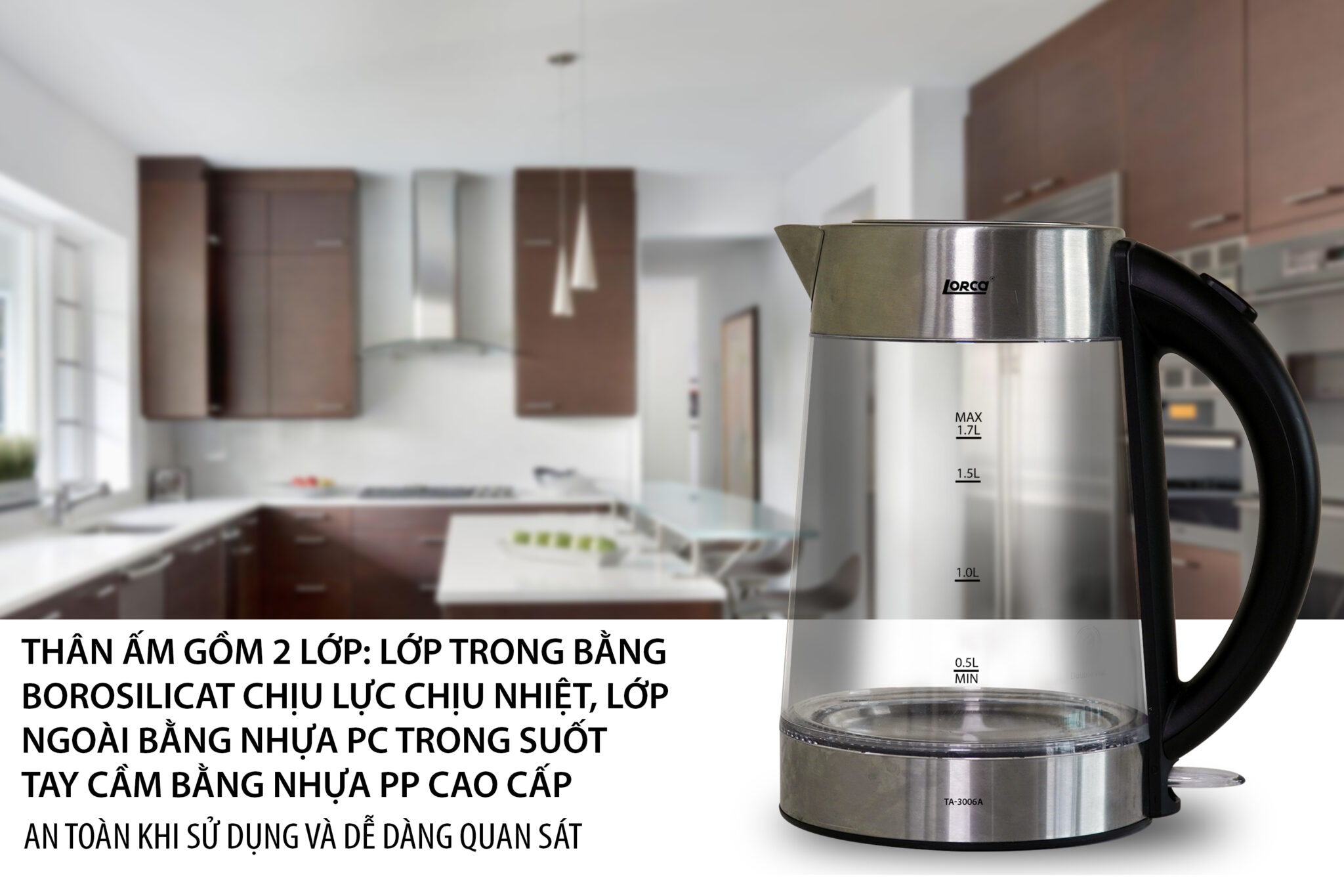 Ấm Đun Siêu Tốc 2 Lớp 1.7L Lorca TA 3006A Hàng Chính Hãng Ấm Đun Nước Thủy Tinh Inox Đun Nhanh, Công Suất Lớn 2200W