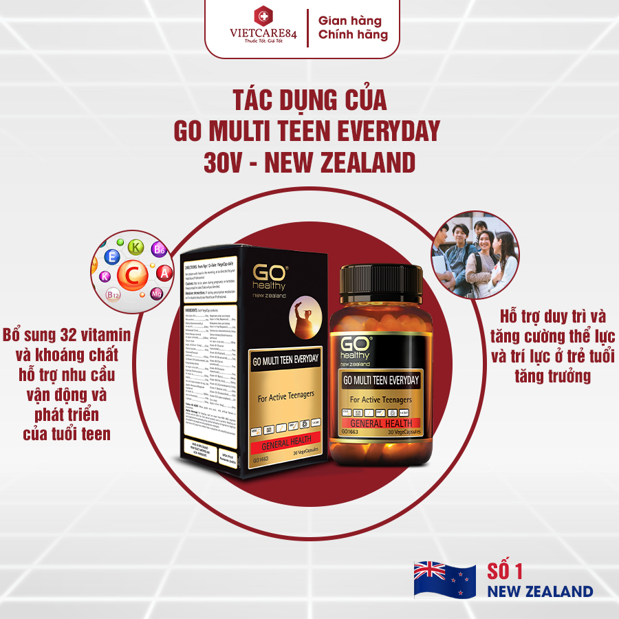 Hình ảnh Viên uống cho tuổi teen nhập khẩu chính hãng New Zealand GO MULTI TEEN EVERYDAY (30 viên)  bổ sung 32 vitamin, khoáng chất và một số dưỡng chất hỗ trợ duy trì và tăng cường sức khỏe cho trẻ ở tuổi tăng trưởng, tuổi dậy thì
