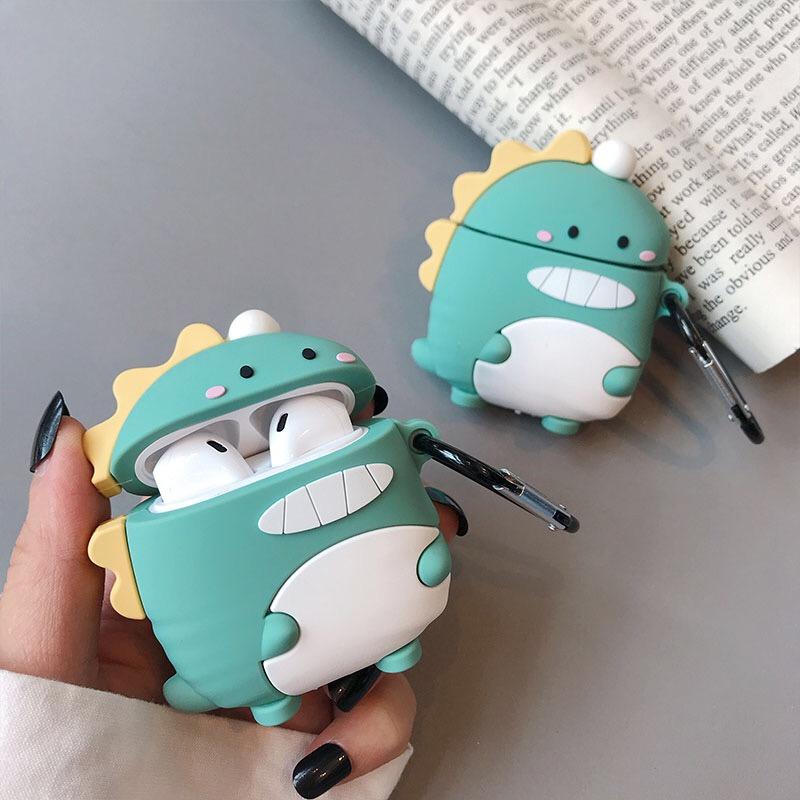 Bao Case Cho Airpods 1/ 2 Hình Khủng Long Xanh _Tặng Kèm Móc Khóa Hình Mèo Con Ngồi Hộp