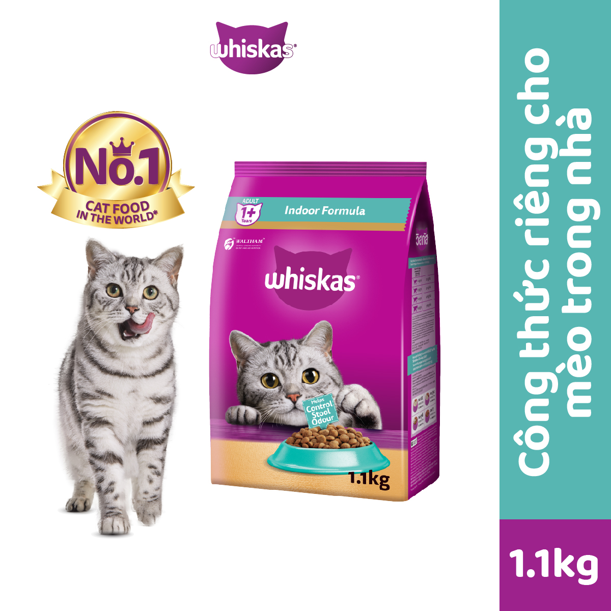 WHISKAS Indoor Formula Dry Cat Food for Adult Cats, 1.1 kg