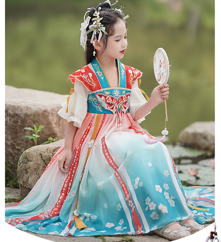 Đầm váy công chúa cổ trang hanfu thêu hoa cho bé gái diện lễ tết trung thu đẹp size 100-160kg hàng Quảng Châu