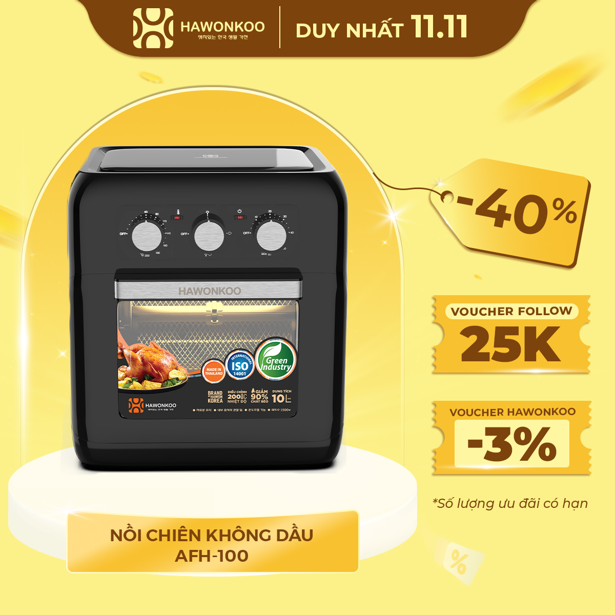 Nồi Chiên Không Dầu Cơ HAWONKOO AFH-100-TQ 10 Lít 1500W Hàng Chính Hãng Bảo Hành 12 Tháng - Thương Hiệu Hàn Quốc