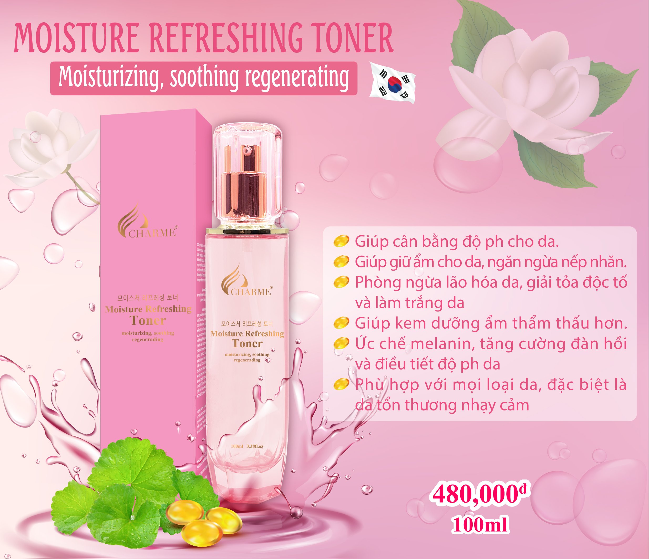 Nước hoa hồng dưỡng ẩm, Charme Moisture Refreshing, dòng toner sạch da, sạch bã nhờn, 100ml