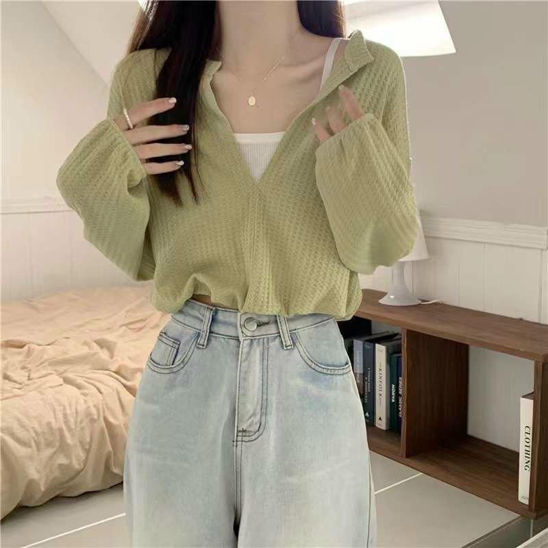[L2M] SET 2 ÁO LIỀN NHAU TAY DÀI len dệt kim Montoghi cổ V dáng croptop nhúm eo xinh xắn