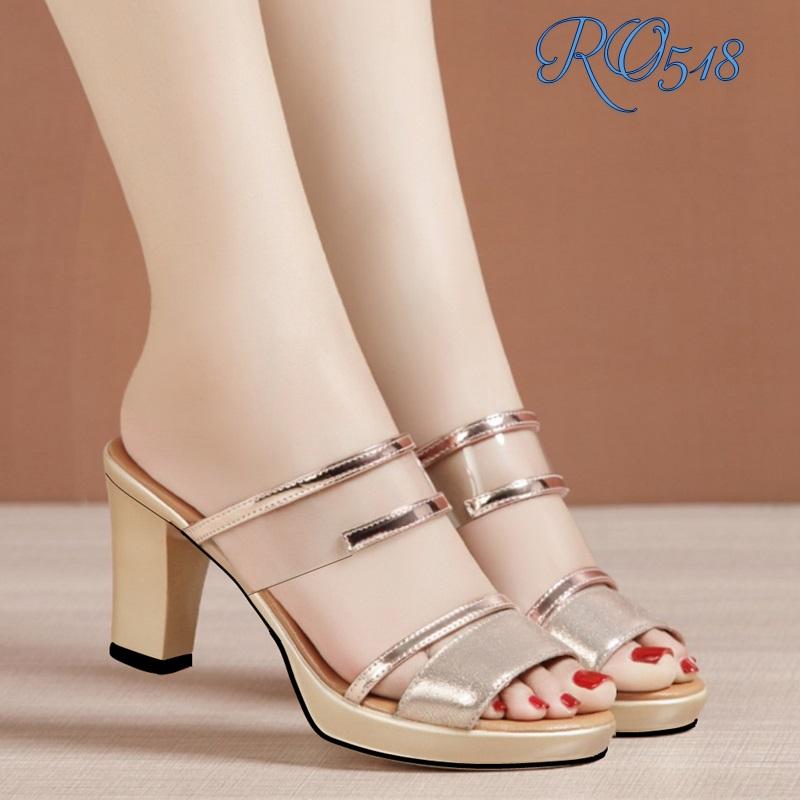 Giày sandal nữ cao gót đế vuông 7 phân hàng hiệu rosata hai màu đen đồng ro518