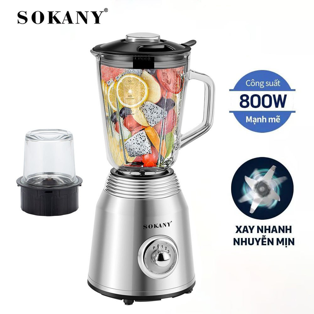 Máy xay sinh tố SOKANY công suất cực lớn 800W có 2 bộ cối dao sử dụng xay hoa quả, xay thực phẩm đa năng - SK186B - HÀNG CHÍNH HÃNG - DELIYA