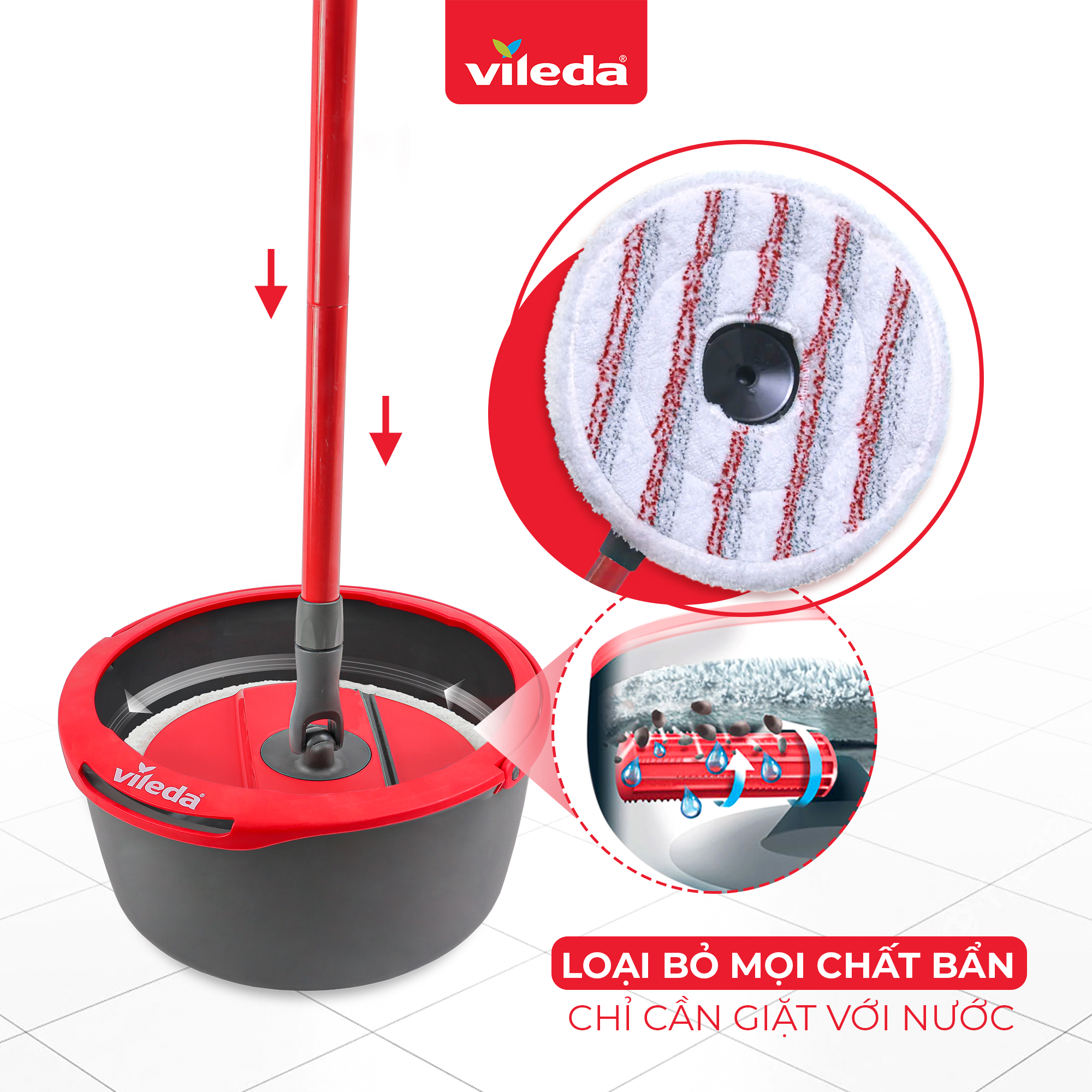 Cây lau nhà Vileda dạng đĩa tròn, công nghệ sợi microfiber sạch sâu, kèm xô giặt xoay 360 độ, model Spin&amp;Clean